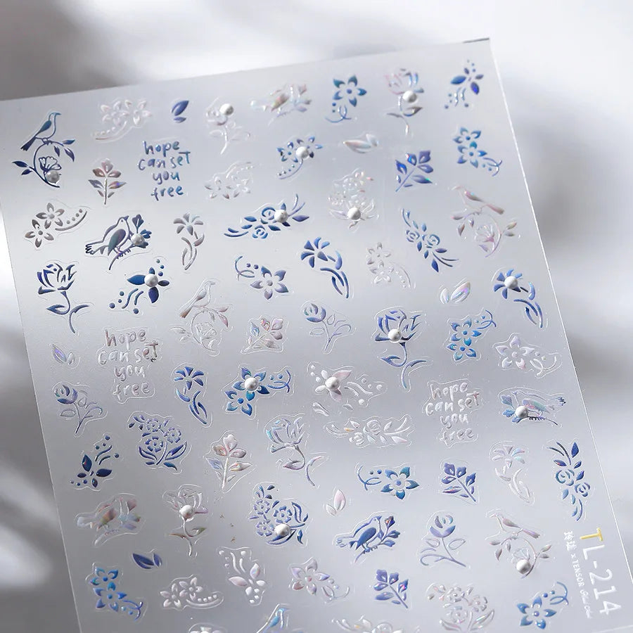 Blue Flower Vivid Bird Hope Can Set You Free Magpie Leaf Pearl Letter Adhesive Nail Art Sticker Aesthetic Beauty Manicure Decal (ONLINE ORDER ONLY)