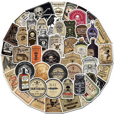 10/50pcs Halloween Vintage Horror Gothic Witch Potion Label Stickers Decals Car Motorcycle Skateboard Retro Graffiti Sticker Toy (ONLINE ORDER ONLY)