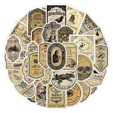 10/30/50pcs Vintage Potion Label Halloween Waterproof Stickers Retro Horror Gothic Witch Decals Skateboard Laptop Car Sticker (Online Order Only)