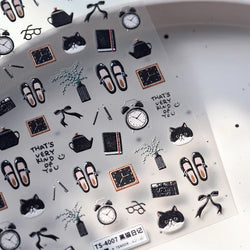 Black Cat Kitten Glasses Camera Timepiece Shoe Notebook Vase Pen Teapot Bowknot Item Adhesive Nail Art Stickers Manicure Decals (Online Order Only)