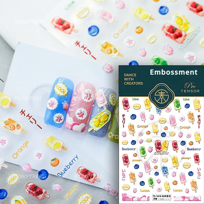 Soda Fruit Beverage Bottle Bear Watermelon Popsicle Dessert Ice Cream Cat Cherry Strawberry Bow Summer Nail Art Stickers Decals (ONLINE ORDER ONLY)