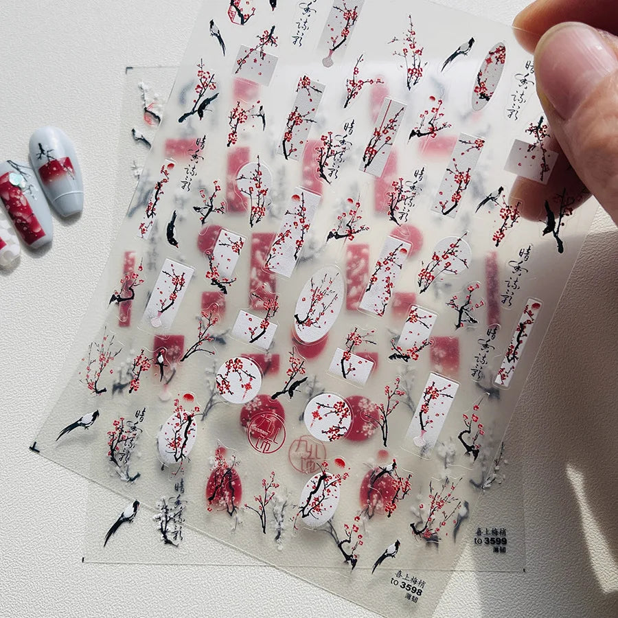 Red Plum Blossom Flower Chinese 3D Self Adhesive Nail Art Decoration Stickers Cheongsam Iris Lily Lotus Vase 5D Manicure Decals (ONLINE ORDER ONLY)