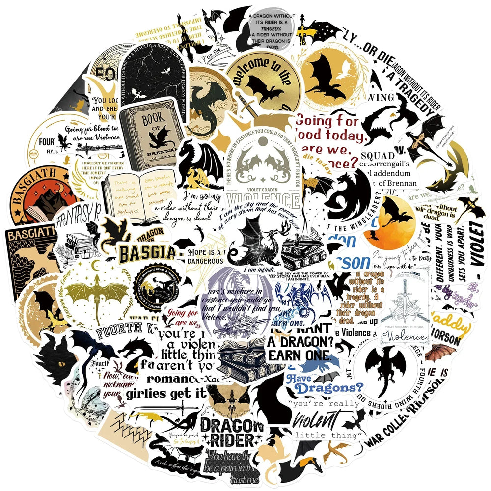 Fourth Wing Cartoon Stickers: 10/30/50/100PCS Waterproof for Laptop, Luggage, Guitar, Snowboard (ONLINE ORDER ONLY)
