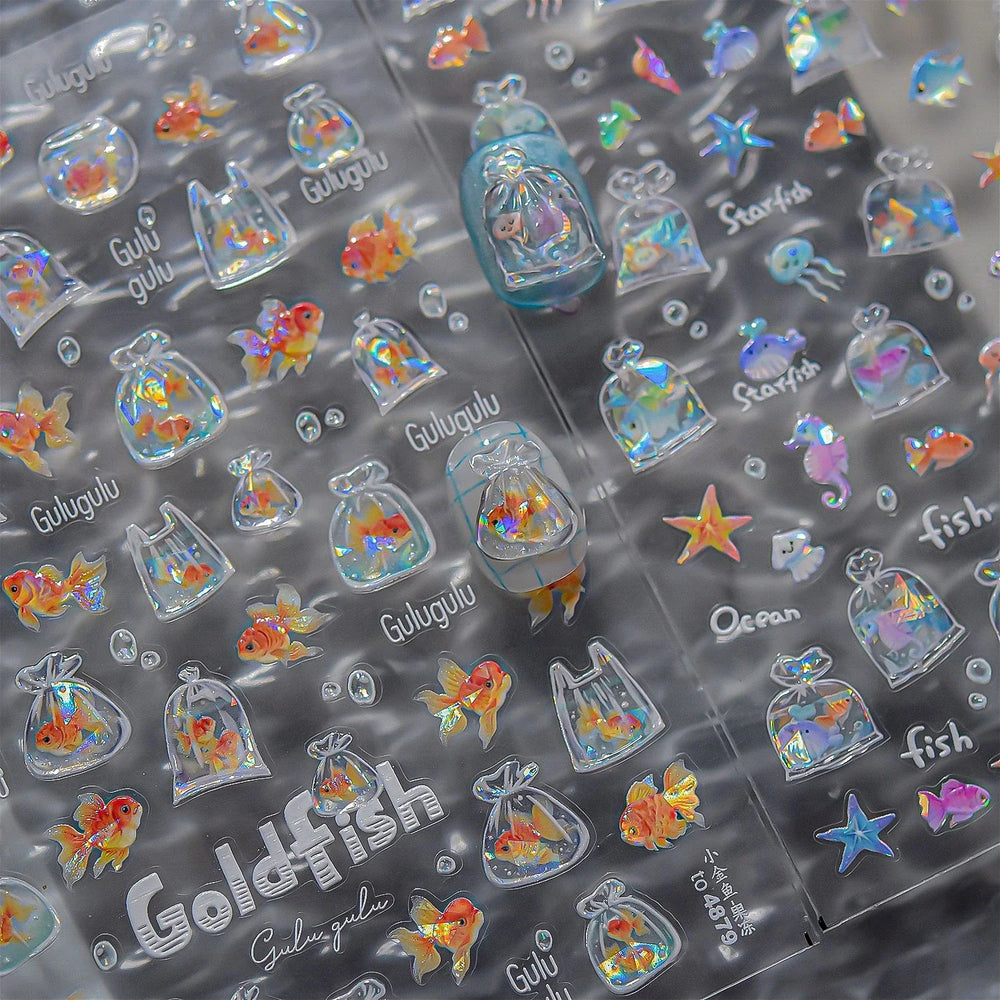 Sackful Starfish Goldfish Jellyfish Seahorse Bubbles Conch Ocean Whale Brocaded Carp Adhesive Nail Art Stickers Manicure Decals (ONLINE ORDER ONLY)