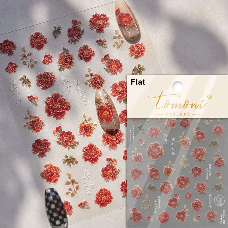 Gradient Coloredful Flower Petal Green Leaf Dreamy Shiny Chinese Rose Fantasy Relief Adhesive Nail Art Stickers Manicure Decals (Online Order Only)