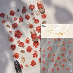 Gradient Coloredful Flower Petal Green Leaf Dreamy Shiny Chinese Rose Fantasy Relief Adhesive Nail Art Stickers Manicure Decals (Online Order Only)