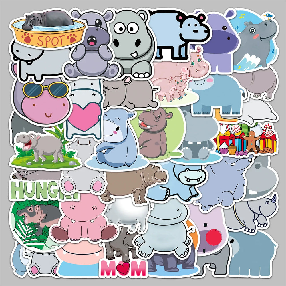 50pcs Cute Cartoon Hippopotamus Stickers for Helmet, Wall, DIY Decoration (Online Order Only)