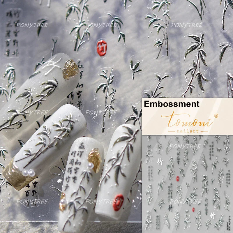 Pink Flower Hot Stamping Silver Leaves Branch Wicker Willow Plant Chic Adhesive Nail Art Decorations Stickers Manicure Decals (Online Order Only)
