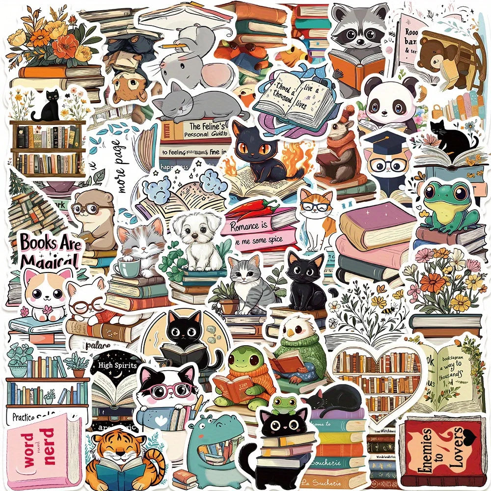 50pcs Cute Animal Reading Series Stickers for Helmet, Wall, DIY Decoration (Online Order Only)