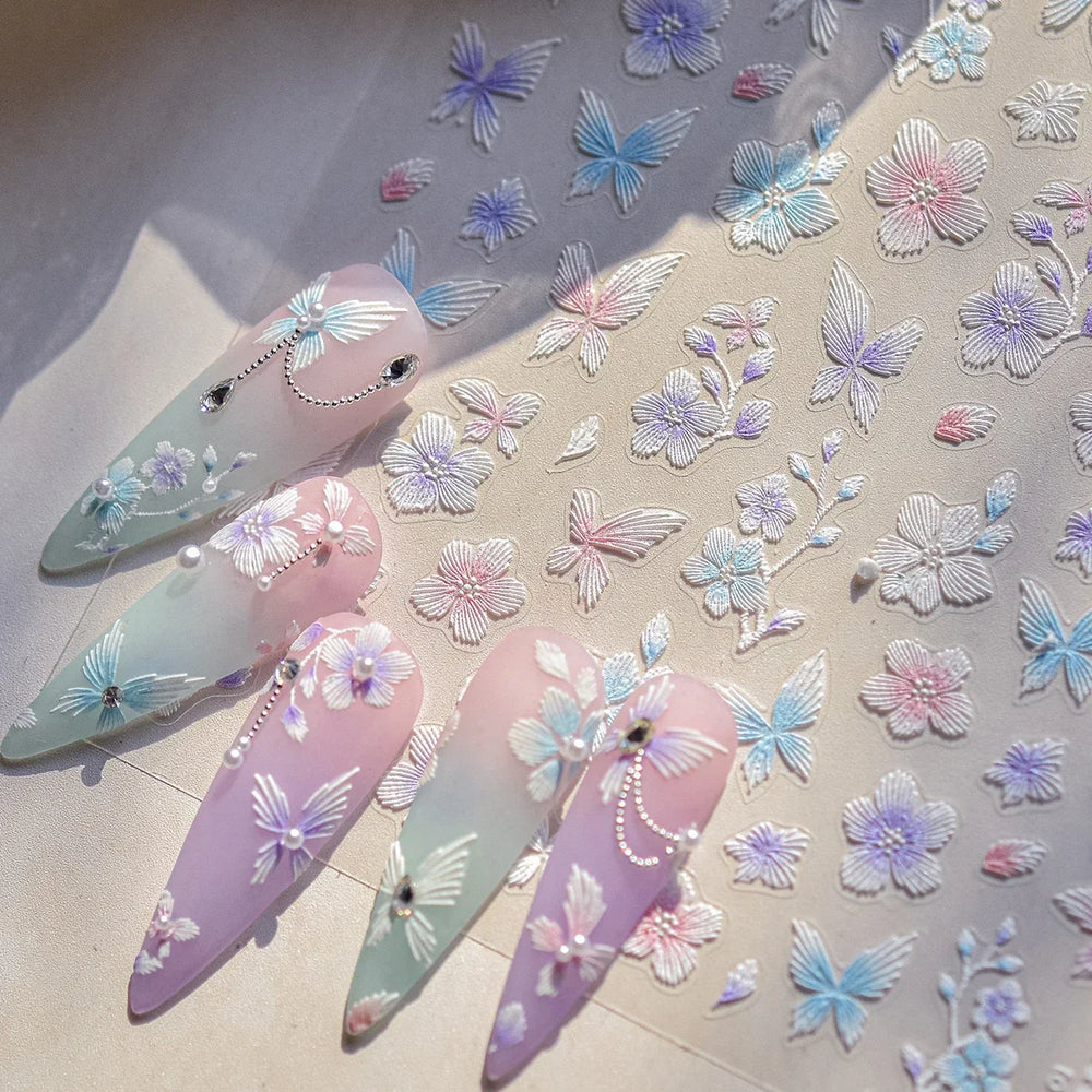 Embroidered Butterfly Flower Colourful Gradient Morning Glory Leaves Self Adhesive Nail Art Stickers Rhinestone Manicure Decals (ONLINE ORDER ONLY)