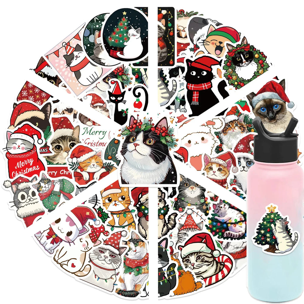 50pcs Cute Christmas Cat Graffiti Stickers Aesthetic DIY Luggage Bike Phone New Year Gift Decoration Sticker Toy (ONLINE ORDER ONLY)