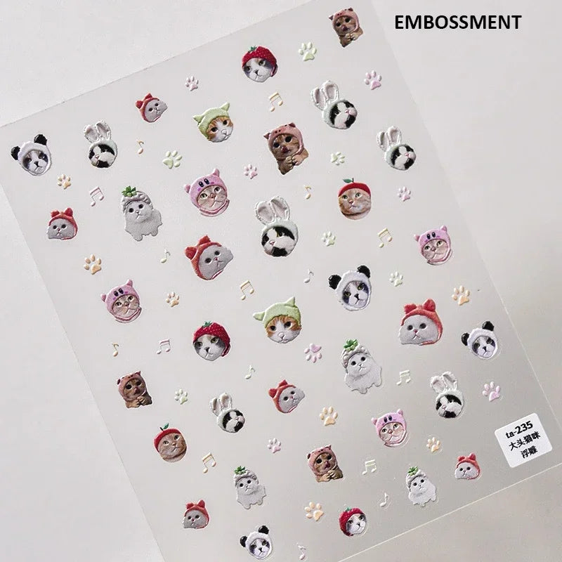 White Halo Dyeing Cat Face Cup Black Orange Toy Umbrella Love Heart Kitty Cake Embossed Relief Nail Art Stickers Manicure Decals (ONLINE ORDER ONLY)