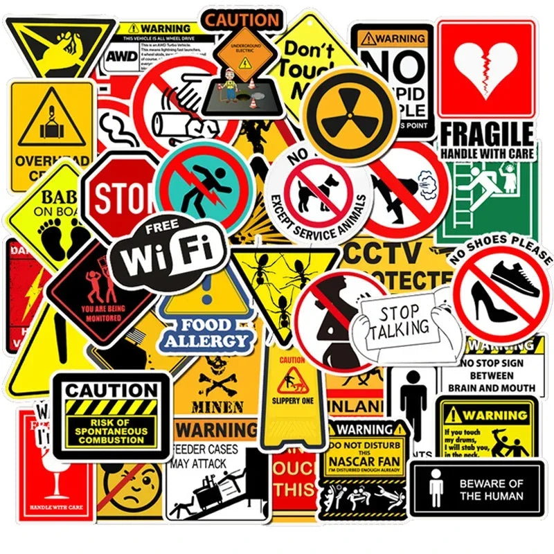 50Pcs Warning Danger Banning Sign Stickers Phone Bike Wall Scrapbook Motorcycle Cool Car Waterproof Cartoon Sticker for Kid Toy (Online Order Only)