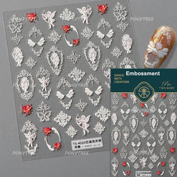 European Garden Angel Wing White Rose Flower Bed Vase Lace Bowknot Statue Adhesive Nail Art Decoration Sticker Manicure Decals (ONLINE ORDER ONLY)