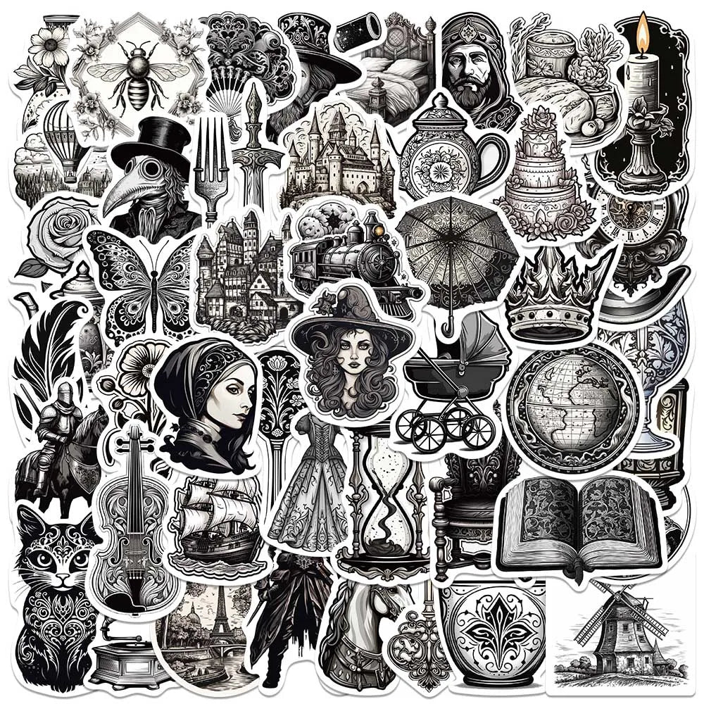 50PCS Vintage Medieval Black White Stickers Aesthetic Diary Scrapbook Laptop Phone Bottle (ONLINE ORDER ONLY)