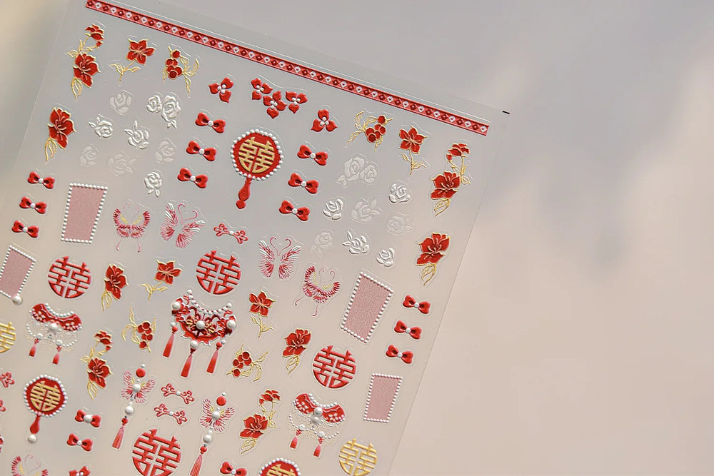 Embroidery Yunjin Brocade Tassels Bowknot Butterfly Flower Rose Camellia Adhesive Nail Art Stickers Rhinestone Manicure Decals (Online Order Only)