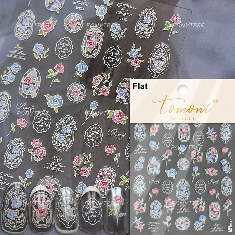 Metal Effect Rose Flower Pattern Totem Photo Frame Self Adhesive Nail Art Sticker Romantic Chic Wreath Rhinestone Manicure Decal (Online Order Only)