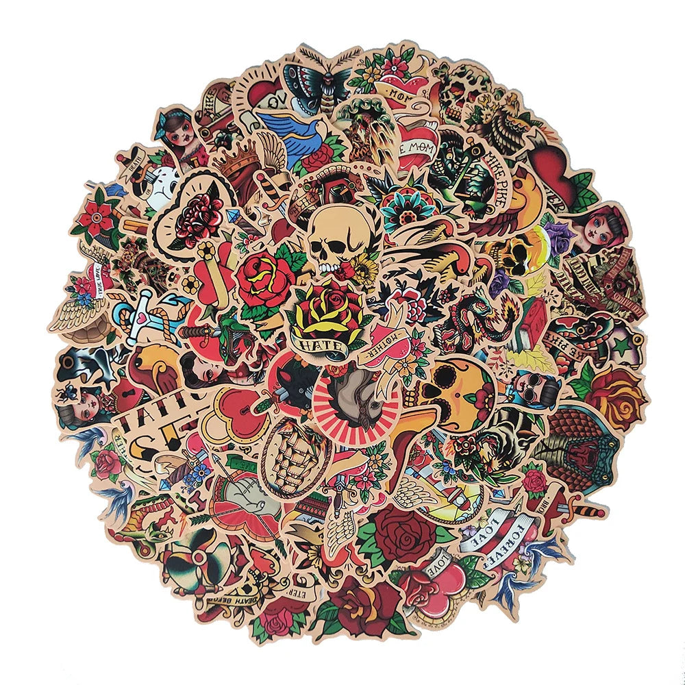 50/100Pcs Retro Old School Tattoo Style Sticker Refrigerator Skateboard Trolley Case Decals Backpack Tables Waterproof Sticker (Online Order Only)