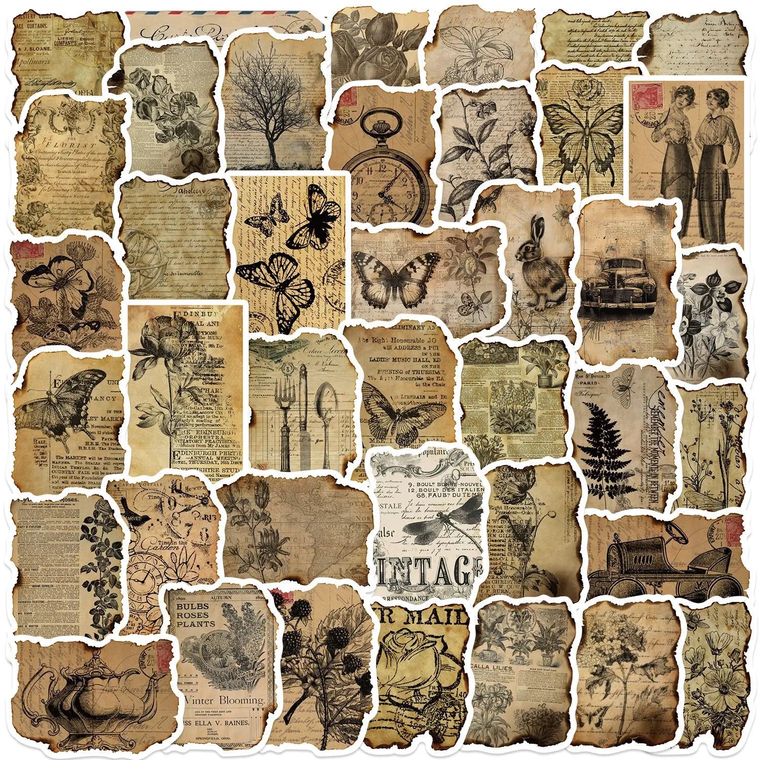 Vintage Flower Butterfly Stickers 10/30/50pcs Scrapbook DIY Decals (Online Order Only)