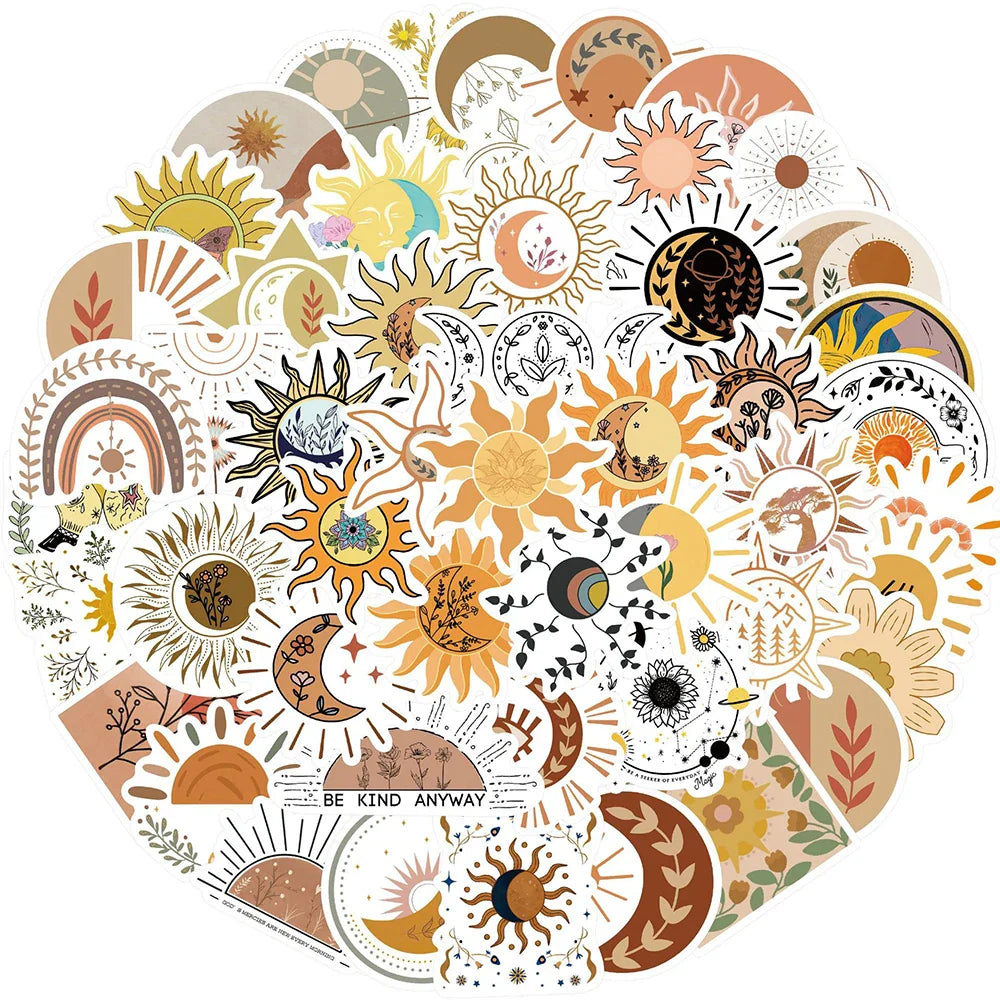 10/30/50PCS Sun Moon Bohemian  Aesthetic Stickers For Kids PVC Waterproof Skateboard Laptop Fridge Suitcase Bike Car Decals Gift (ONLINE ORDER ONLY)
