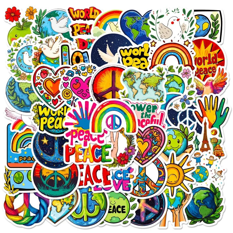 50pcs World Peace Graffiti Stickers for Laptop, Phone, Scooter, Suitcase, Water Bottle, Stationery, Refrigerator (ONLINE ORDER ONLY)