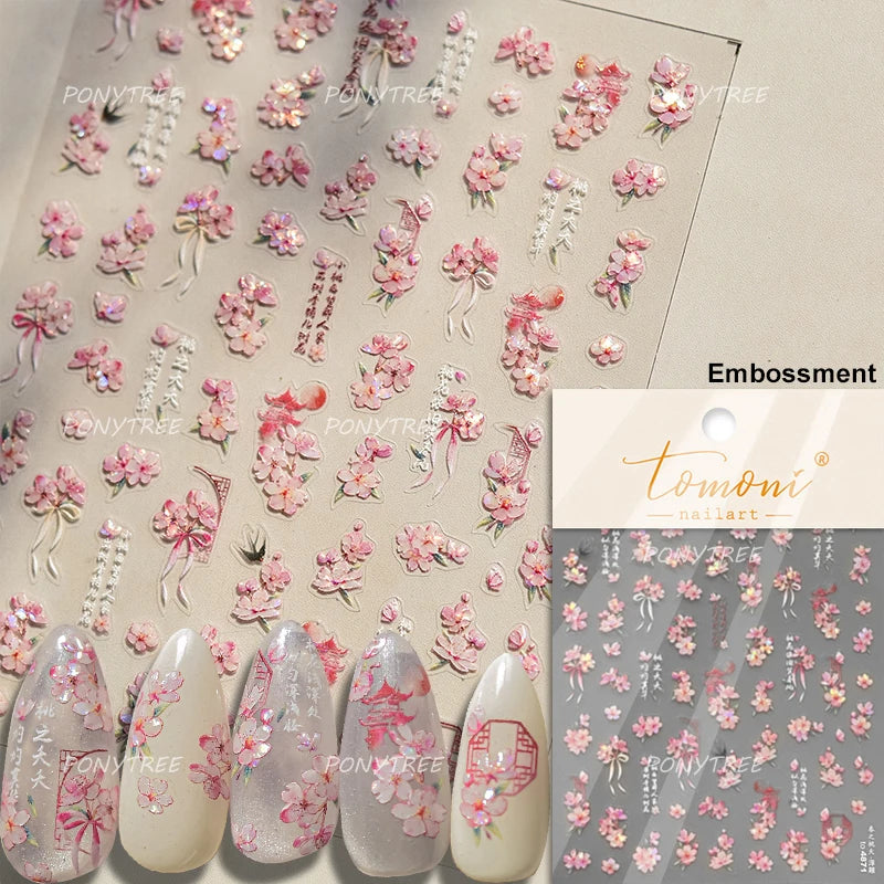 Cute Spring Flowers Purple Blue White Bowknot Rose Garden Daisy 5D Soft Embossed Relief Adhesive Nail Art Sticker Manicure Decal (ONLINE ORDER ONLY)