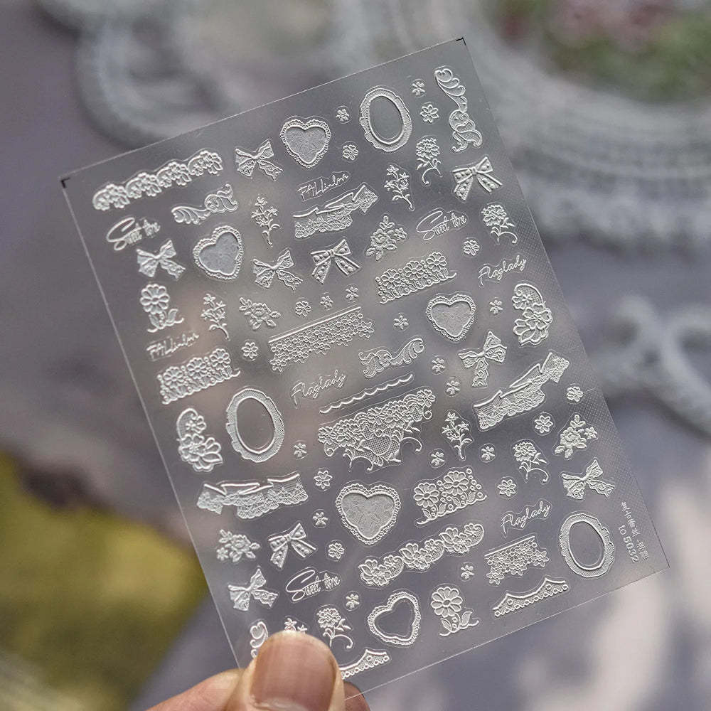 Gird Lace Bowknot Love Heart Flower Fabric Printing Frame Bow Tie Rococo Pattern Daisy Tender Nail Art Stickers Manicure Decals (ONLINE ORDER ONLY)