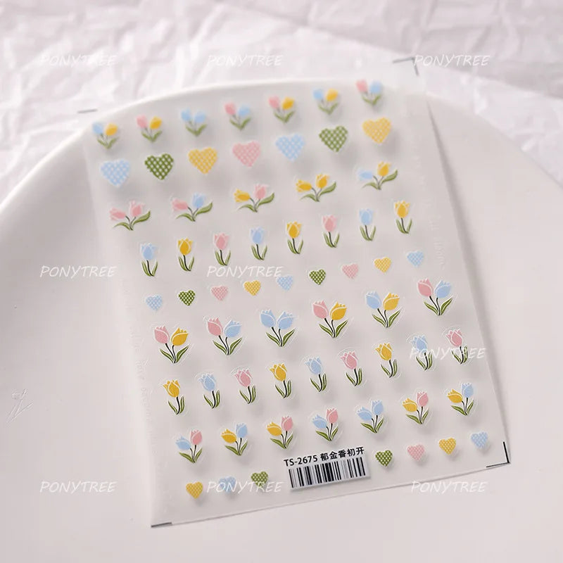 Dreamy White Lace Bowknot Purple Pink Gradual Tulip Flower Butterfly Garden Relief Adhesive Nail Art Stickers Manicure Decals (Online Order Only)