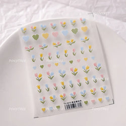 Dreamy White Lace Bowknot Purple Pink Gradual Tulip Flower Butterfly Garden Relief Adhesive Nail Art Stickers Manicure Decals (Online Order Only)