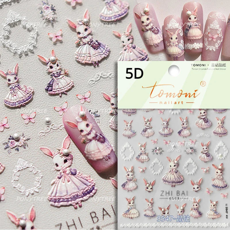 Flower Garland Lovely Bunny Rabbit Floral Wreath Bowknot Frame Spring Charm Heart 5D Adhesive Nail Art Stickers Manicure Decals (ONLINE ORDER ONLY)