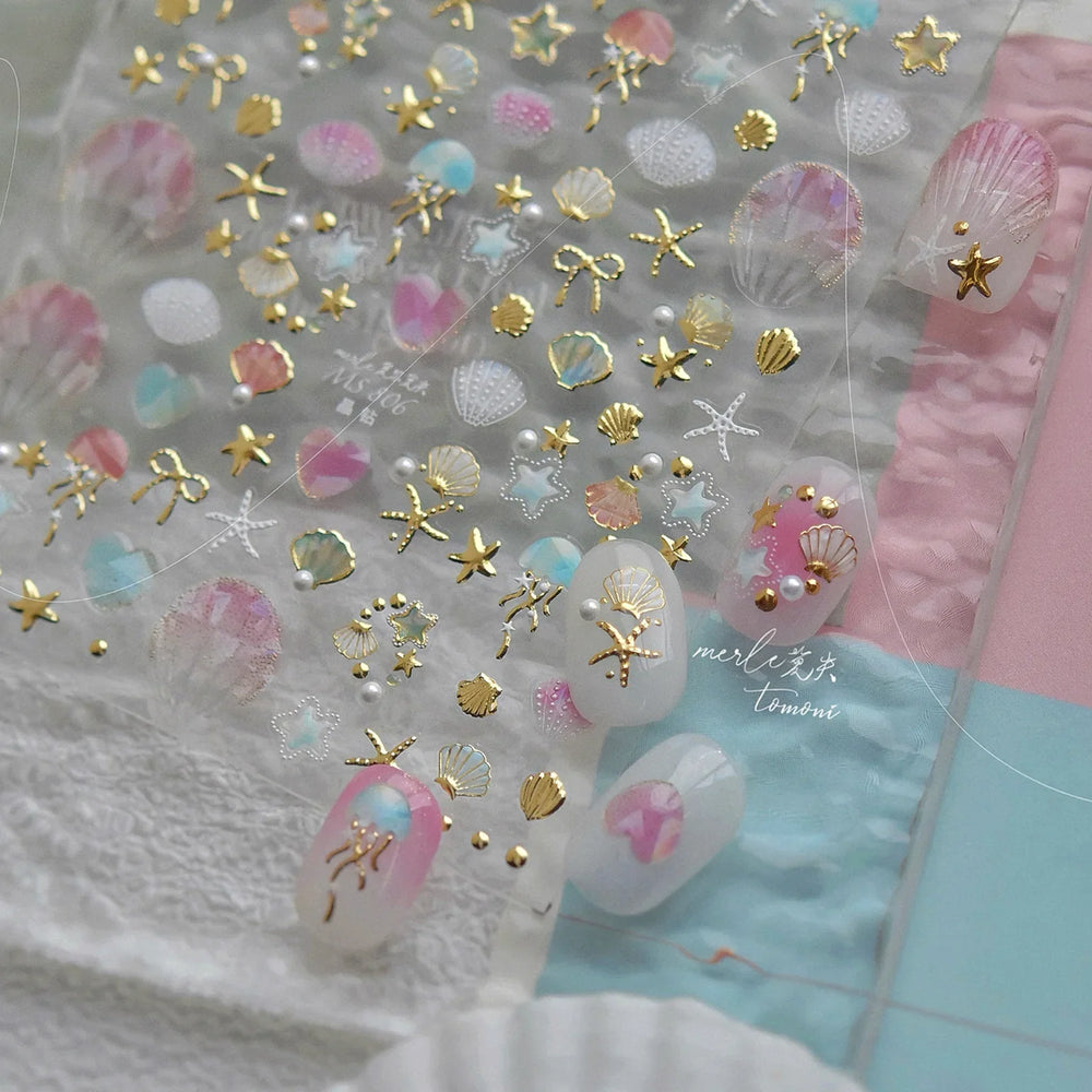 Dizzying Shell Coral Dolphin Starfish Heart Jellyfish Water Bubbles Ocean Adhesive Nail Art Decorations Stickers Manicure Decals (ONLINE ORDER ONLY)