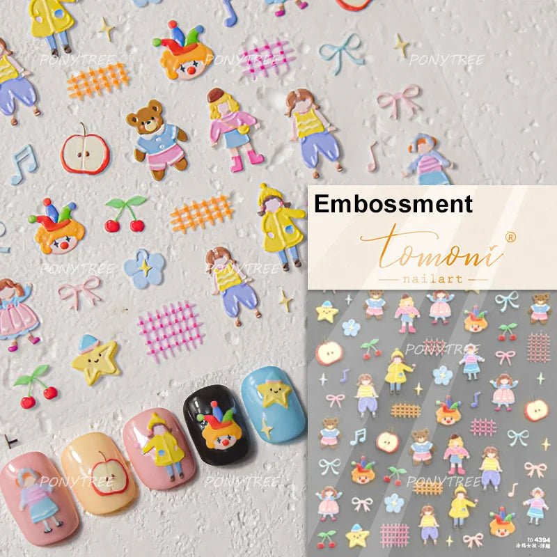 Cute Animals Bear Dog Cake Sweet Cherry Grid Bowknot Star Line Fruit Relief Self Adhesive Nail Art Stickers 3D Manicure Decals (ONLINE ORDER ONLY)
