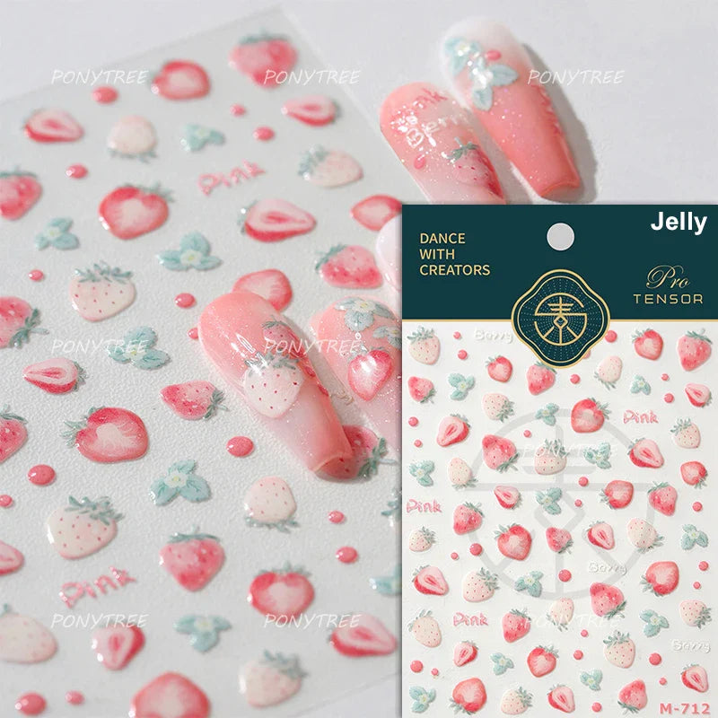 Pink Transparent Strawberry Leopard Print Metal Silver Fruit Lovely Self Adhesive Nail Art Stickers 5D Manicure Decals Wholesale (ONLINE ORDER ONLY)