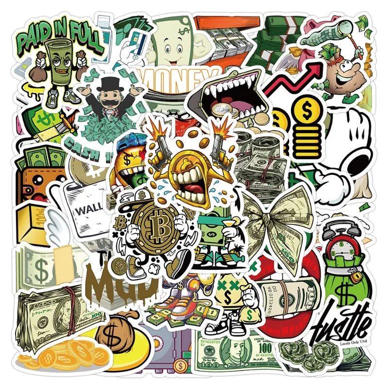 50pcs Money Currency Graffiti Stickers for Laptop, Phone, Car, Scooter, Water Bottle, Suitcase, Stationery, Refrigerator (Online Order Only)