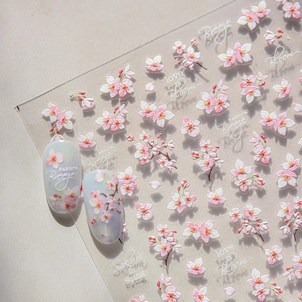 Flowers Blooming Cherry Blossom Sakura Living Peach Branch 5D Soft Relief Spring Adhesive Nail Art Sticker Chic Manicure Decals (ONLINE ORDER ONLY)
