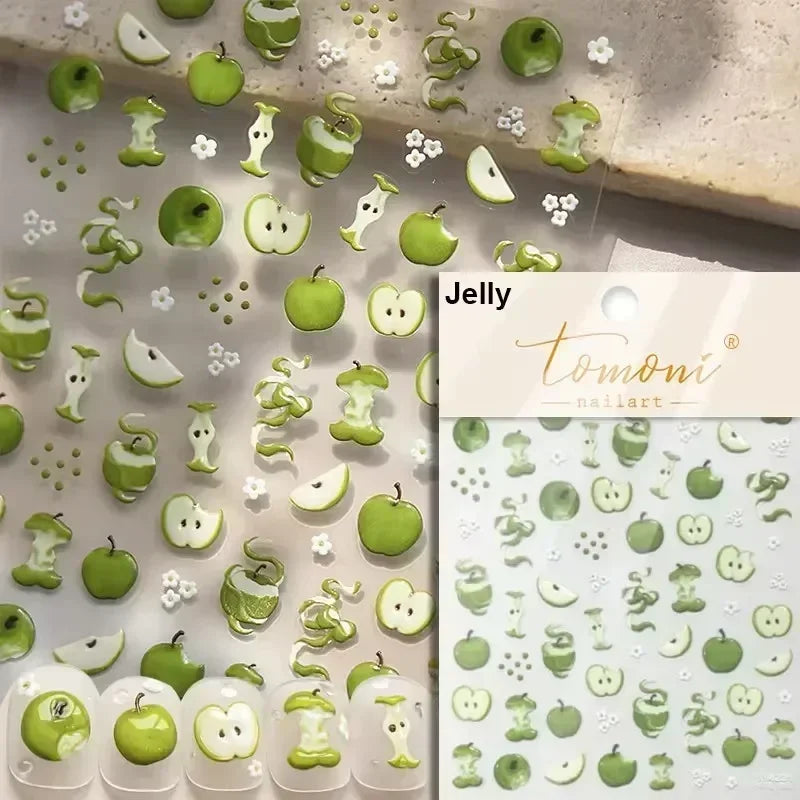 Colorful Food Pudding Alkali Water Bowknot Cream Fork Cup Bread Jelly Fruit Cartoon Cake Relief Nail Art Sticker Manicure Decals (ONLINE ORDER ONLY)