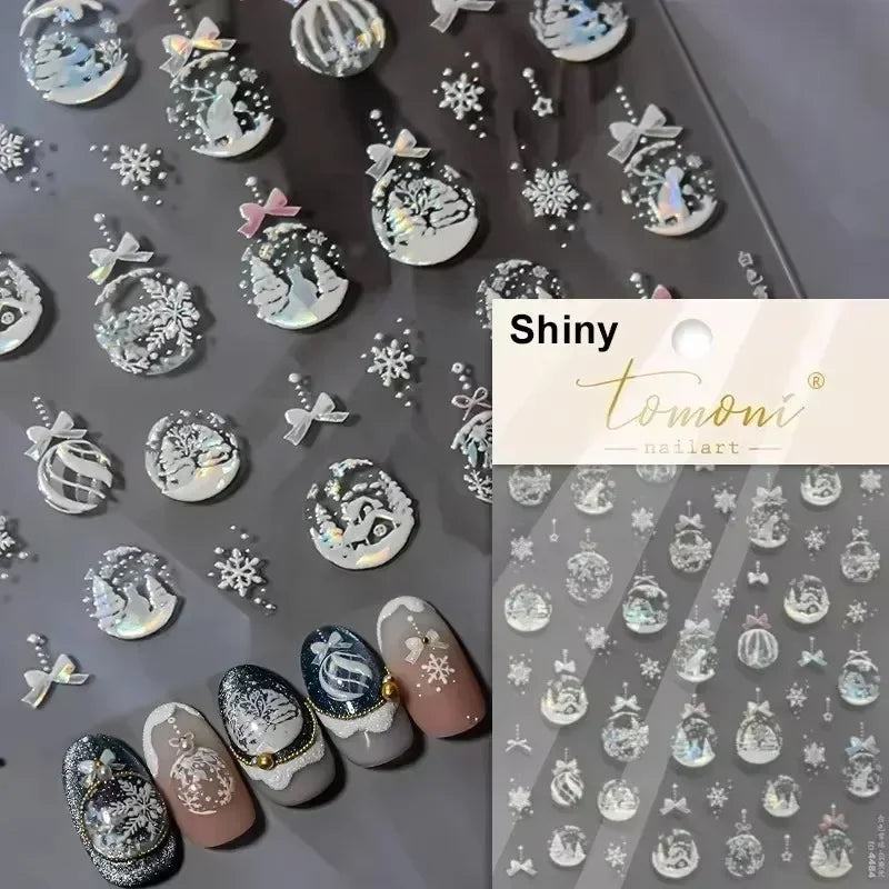 Dressy Embossment Colorful Gradient Snowflakes Laser Silver Christmas Tree Winter Bowknot Santa Nail Art Stickers Manicure Decal (Online Order Only)