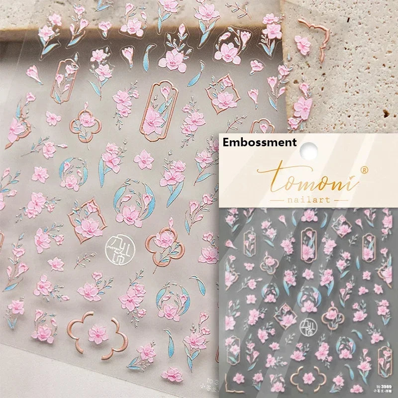 Gradient Coloredful Flower Petal Green Leaf Dreamy Shiny Chinese Rose Fantasy Relief Adhesive Nail Art Stickers Manicure Decals (Online Order Only)