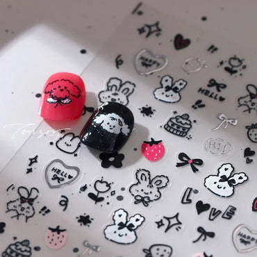 Dog Rabbit Line Bunny Footprint Bowknot Heart Cake Strawberry Flowers Bone Graffiti Adhesive Nail Art Stickers Manicure Decals (ONLINE ORDER ONLY)