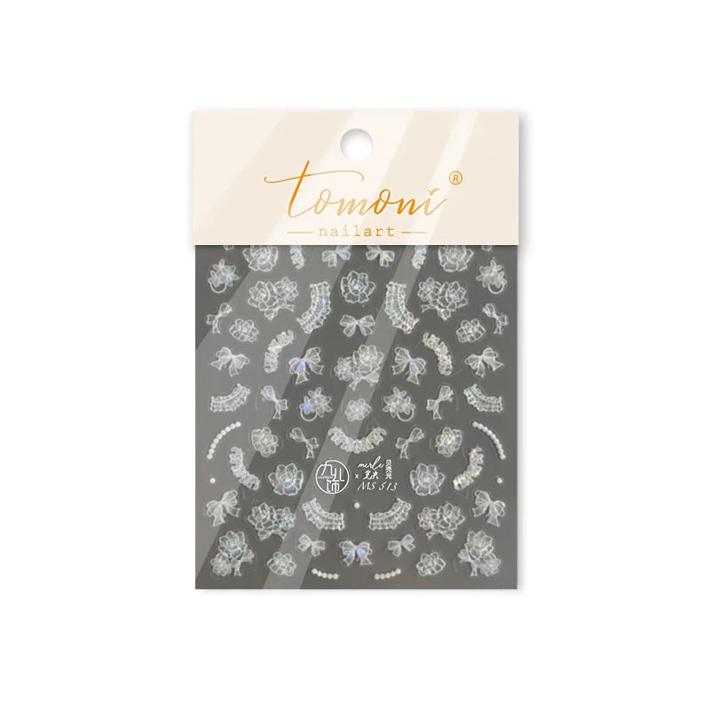 Cute 3D White Rose Flower Lace Bud Silk Bowknot Butterfly Dreamy Shiny Relief Chic Self Adhesive Nail Art Sticker Manicure Decal (ONLINE ORDER ONLY)