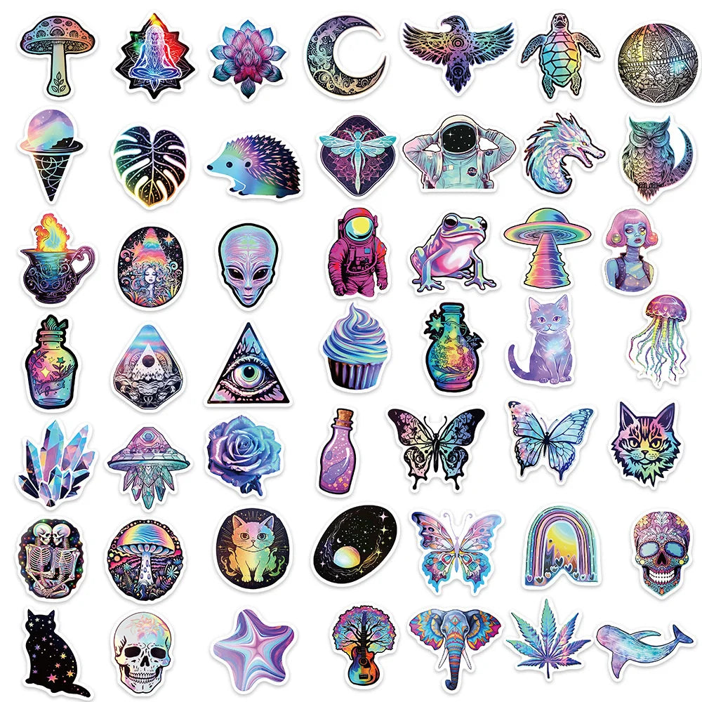 50pcs Cartoon Psychedelic Mysterious Graffiti Stickers For Phone Ipad Aesthetic Sticker DIY Handmade Scrapbooking Material (Online Order Only)
