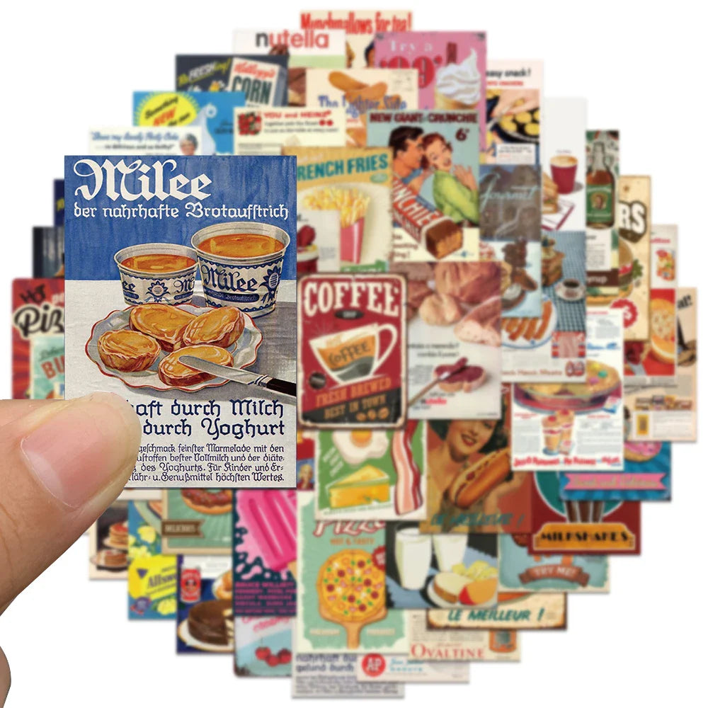 50pcs Retro Cartoon Food Stickers For Laptop Water Bottle Luggage Notebook DIY Waterproof Graffiti Vinyl Decals (ONLINE ORDER ONLY)
