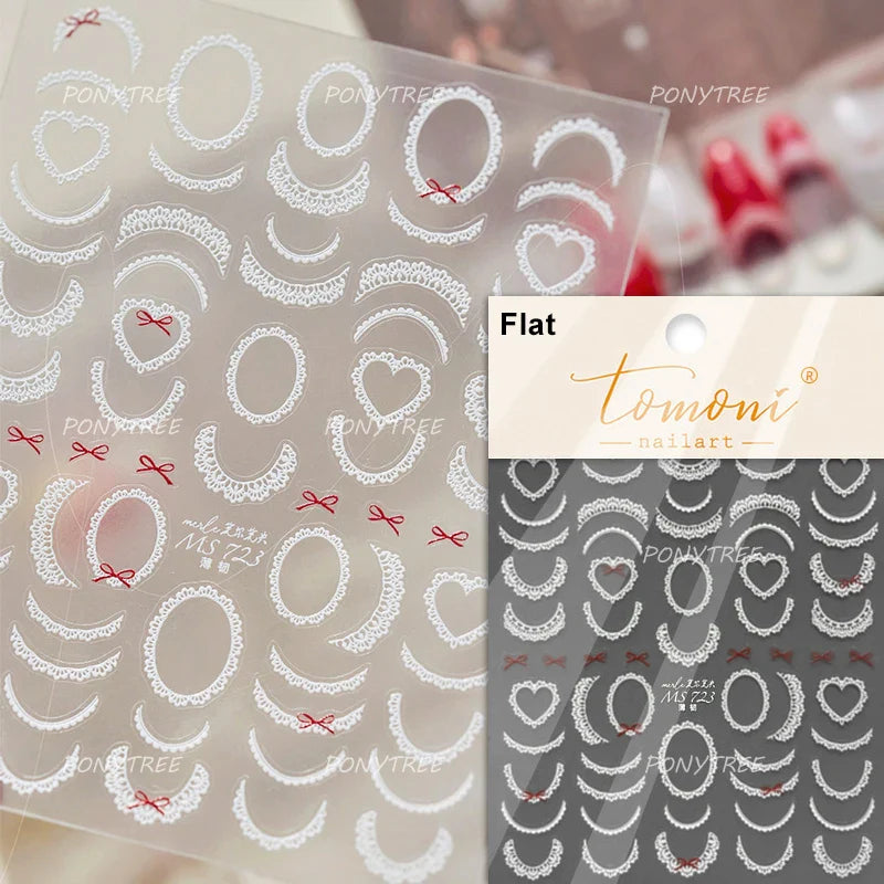 Retro White Lace Bandage Line Bowknot Irregular Fabric Cording Square Calligraphy Adhesive Nail Art Sticker 3D Manicure Decals (ONLINE ORDER ONLY)