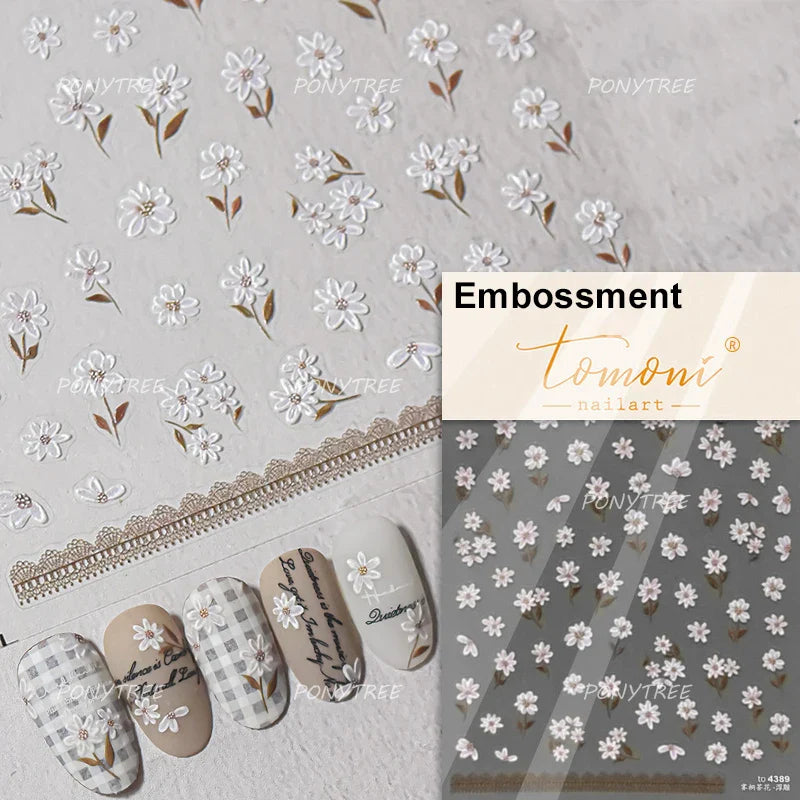 Cute Beige Yellow Pristine Fresh Daisy Flower 5D Shiny Soft Embossed Relief Charm Self Adhesive Nail Art Stickers Manicure Decal (ONLINE ORDER ONLY)