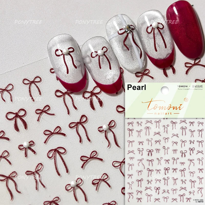 Chic Red Bowknot Silk Ribbon Pearl Elegant Line Self Adhesive Nail Art Stickers Dressy Rhinestone Manicure Decals Nail Supplies (Online Order Only)