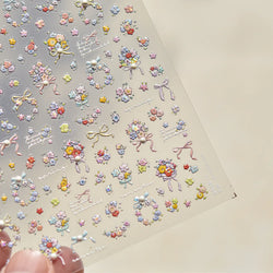 Cute Spring Flowers Purple Blue White Bowknot Rose Garden Daisy 5D Soft Embossed Relief Adhesive Nail Art Sticker Manicure Decal (ONLINE ORDER ONLY)