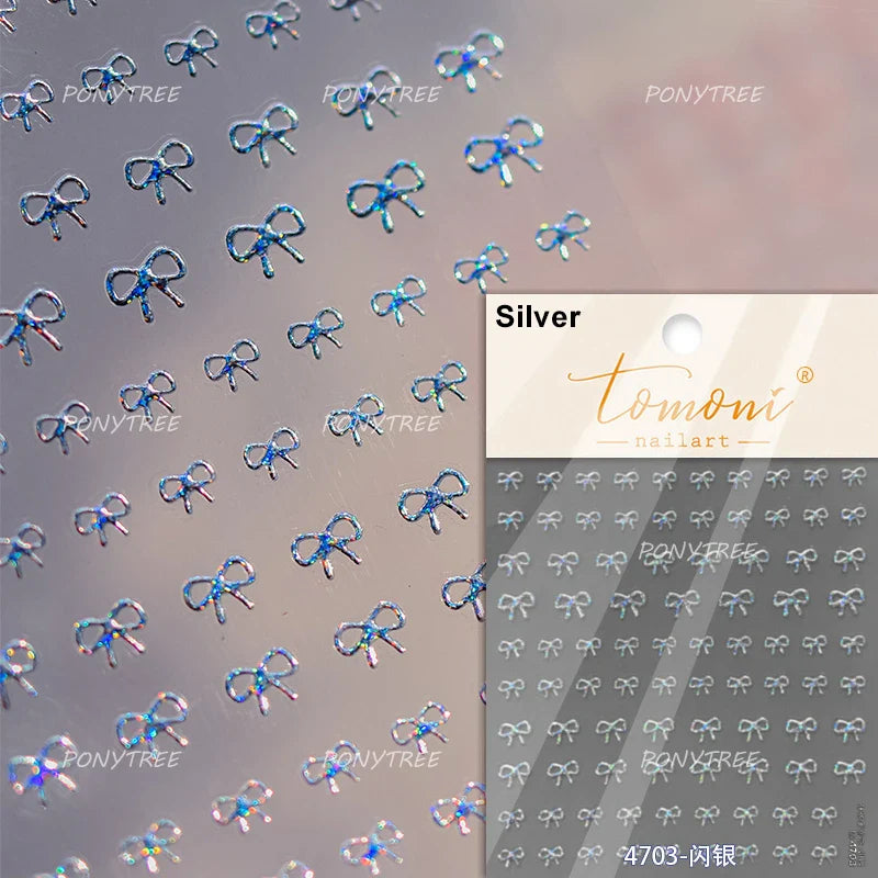 Shiny Pink Silver Gold Bowknot Tie Line Mini Delicate 3D 5D Self Adhesive Nail Art Stickers Embossment Rhinestone Manicure Decal (Online Order Only)