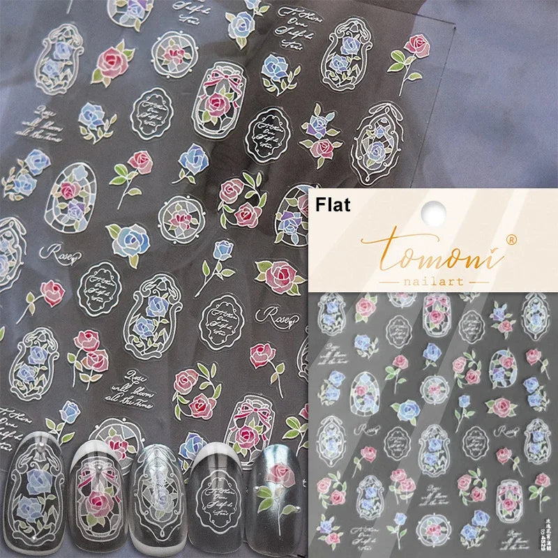 Romantic Candle Holder Lace Rambler Rose Pink Flower Bowknot Candlestick Ribbon Adhesive Nail Art Stickers Shiny Manicure Decals (ONLINE ORDER ONLY)