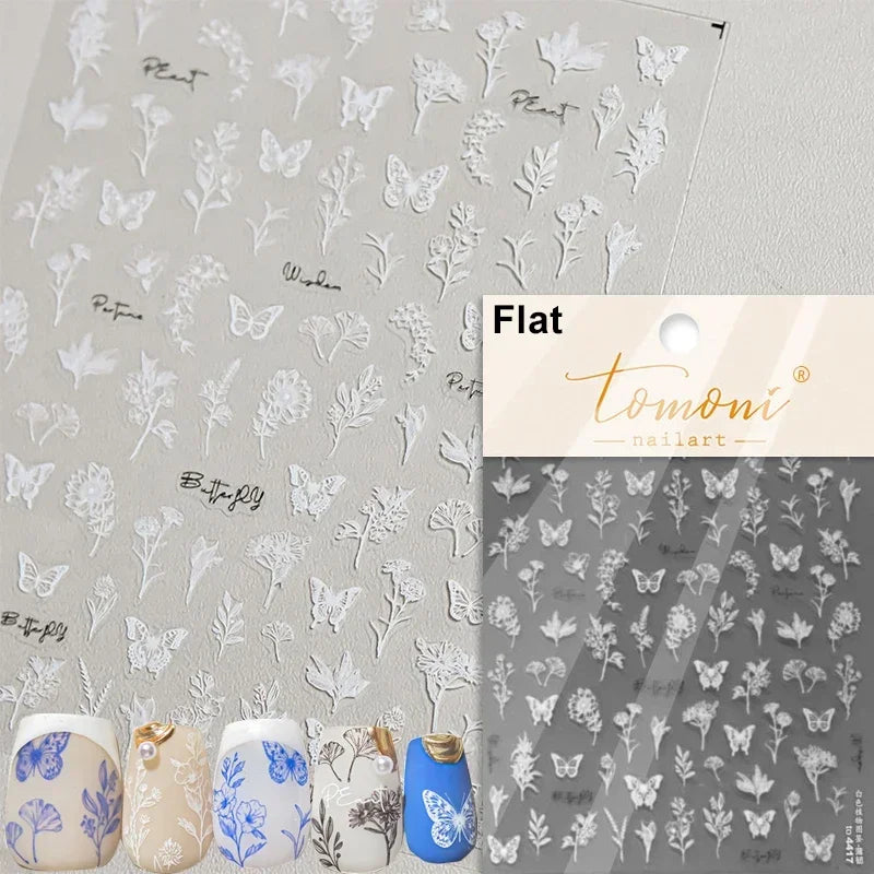 Charming Beautiful Black White Small Butterfly Flower Petal Love Heart Bowknot 5D Self Adhesive Nail Art Sticker Manicure Decals (Online Order Only)