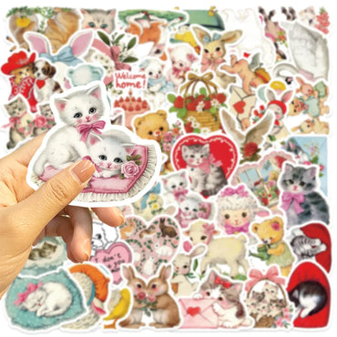 10/50Pcs Vintage Pink Bear Cat Animals Stickers Aesthetic Kawaii Girls Decals Scrapbooking Notebook Laptop Phone Diary Sticker (ONLINE ORDER ONLY)